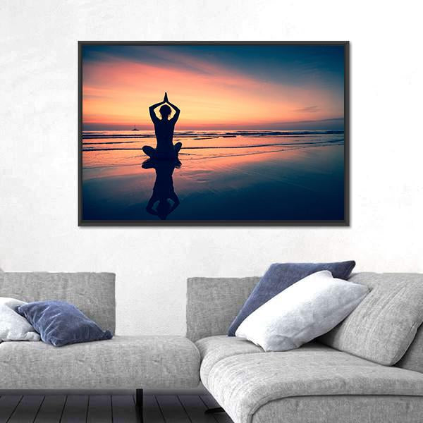 Silhouette Of Woman Practicing Yoga At The Seaside Canvas Wall Art-3 Horizontal-Gallery Wrap-25" x 16"-Tiaracle