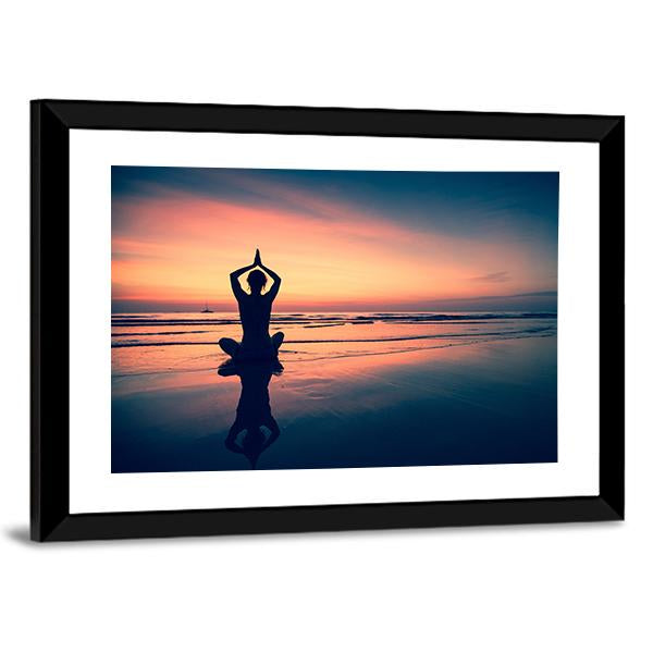 Silhouette Of Woman Practicing Yoga At The Seaside Canvas Wall Art-3 Horizontal-Gallery Wrap-25" x 16"-Tiaracle