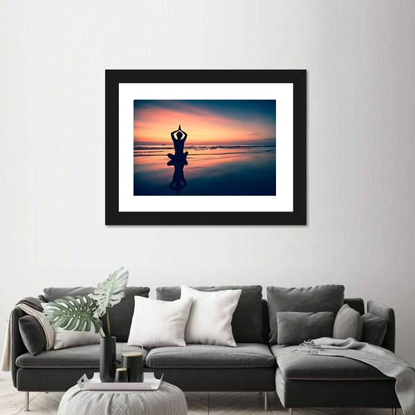 Silhouette Of Woman Practicing Yoga At The Seaside Canvas Wall Art-3 Horizontal-Gallery Wrap-25" x 16"-Tiaracle