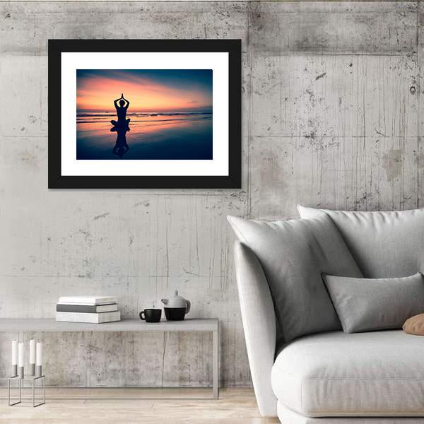 Silhouette Of Woman Practicing Yoga At The Seaside Canvas Wall Art-3 Horizontal-Gallery Wrap-25" x 16"-Tiaracle