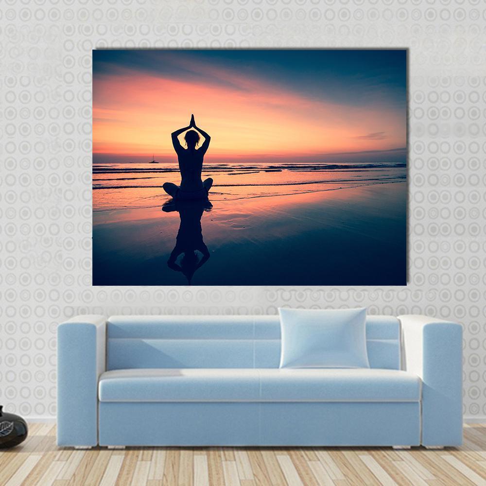 Silhouette Of Woman Practicing Yoga At The Seaside Canvas Wall Art-1 Piece-Gallery Wrap-48" x 32"-Tiaracle