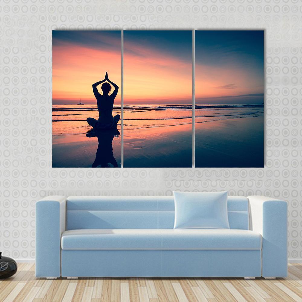 Silhouette Of Woman Practicing Yoga At The Seaside Canvas Wall Art-3 Horizontal-Gallery Wrap-37" x 24"-Tiaracle