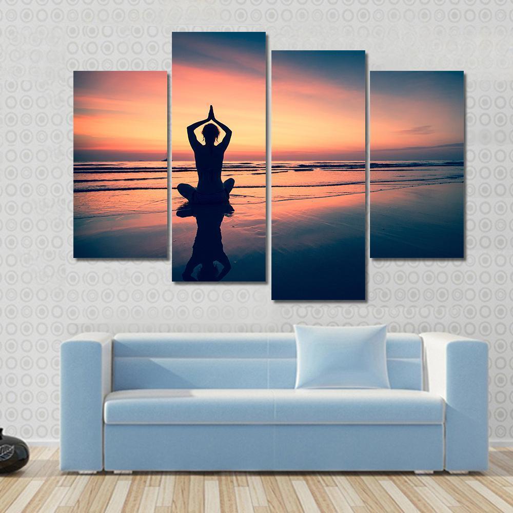 Silhouette Of Woman Practicing Yoga At The Seaside Canvas Wall Art-4 Pop-Gallery Wrap-50" x 32"-Tiaracle