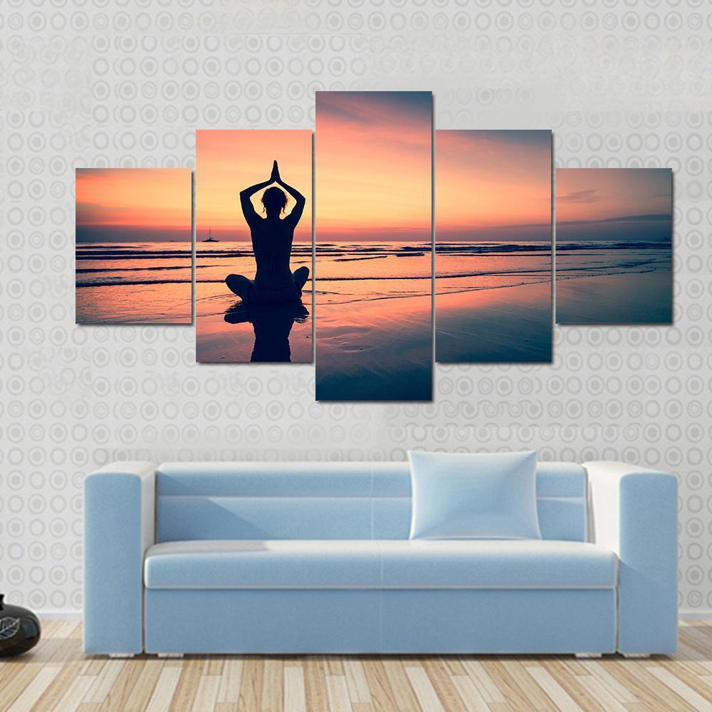 Silhouette Of Woman Practicing Yoga At The Seaside Canvas Wall Art-5 Star-Gallery Wrap-62" x 32"-Tiaracle