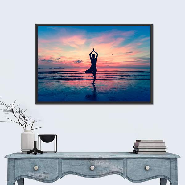 Silhouette Of Woman Standing At Yoga Pose On The Beach Canvas Wall Art-1 Piece-Floating Frame-24" x 16"-Tiaracle