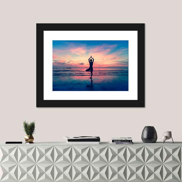 Silhouette Of Woman Standing At Yoga Pose On The Beach Canvas Wall Art-1 Piece-Framed Print-20" x 16"-Tiaracle