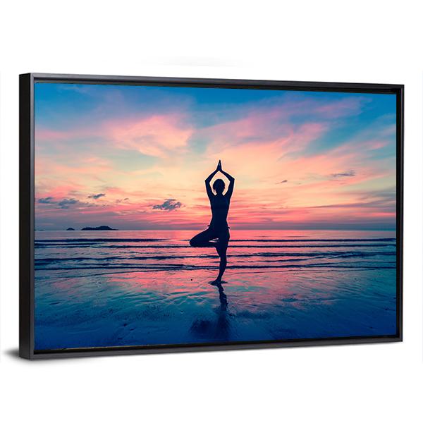 Silhouette Of Woman Standing At Yoga Pose On The Beach Canvas Wall Art-3 Horizontal-Gallery Wrap-25" x 16"-Tiaracle