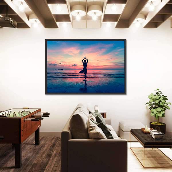 Silhouette Of Woman Standing At Yoga Pose On The Beach Canvas Wall Art-3 Horizontal-Gallery Wrap-25" x 16"-Tiaracle