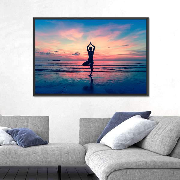 Silhouette Of Woman Standing At Yoga Pose On The Beach Canvas Wall Art-3 Horizontal-Gallery Wrap-25" x 16"-Tiaracle