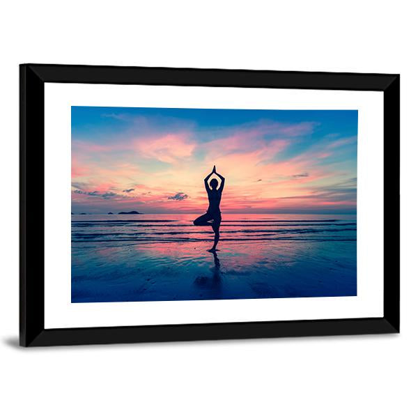 Silhouette Of Woman Standing At Yoga Pose On The Beach Canvas Wall Art-3 Horizontal-Gallery Wrap-25" x 16"-Tiaracle