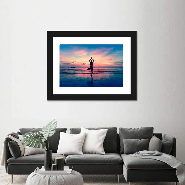 Silhouette Of Woman Standing At Yoga Pose On The Beach Canvas Wall Art-3 Horizontal-Gallery Wrap-25" x 16"-Tiaracle