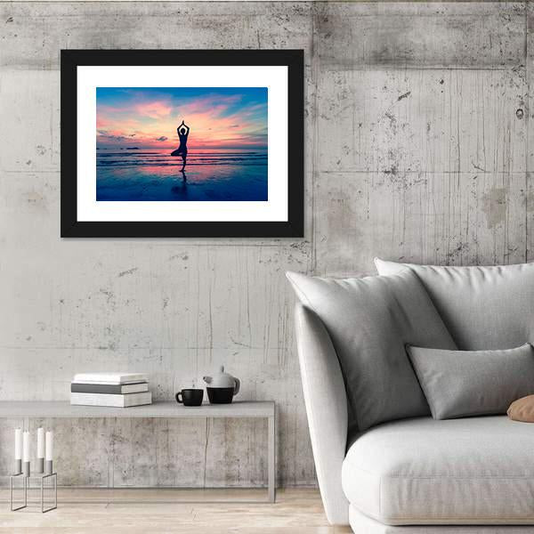 Silhouette Of Woman Standing At Yoga Pose On The Beach Canvas Wall Art-3 Horizontal-Gallery Wrap-25" x 16"-Tiaracle