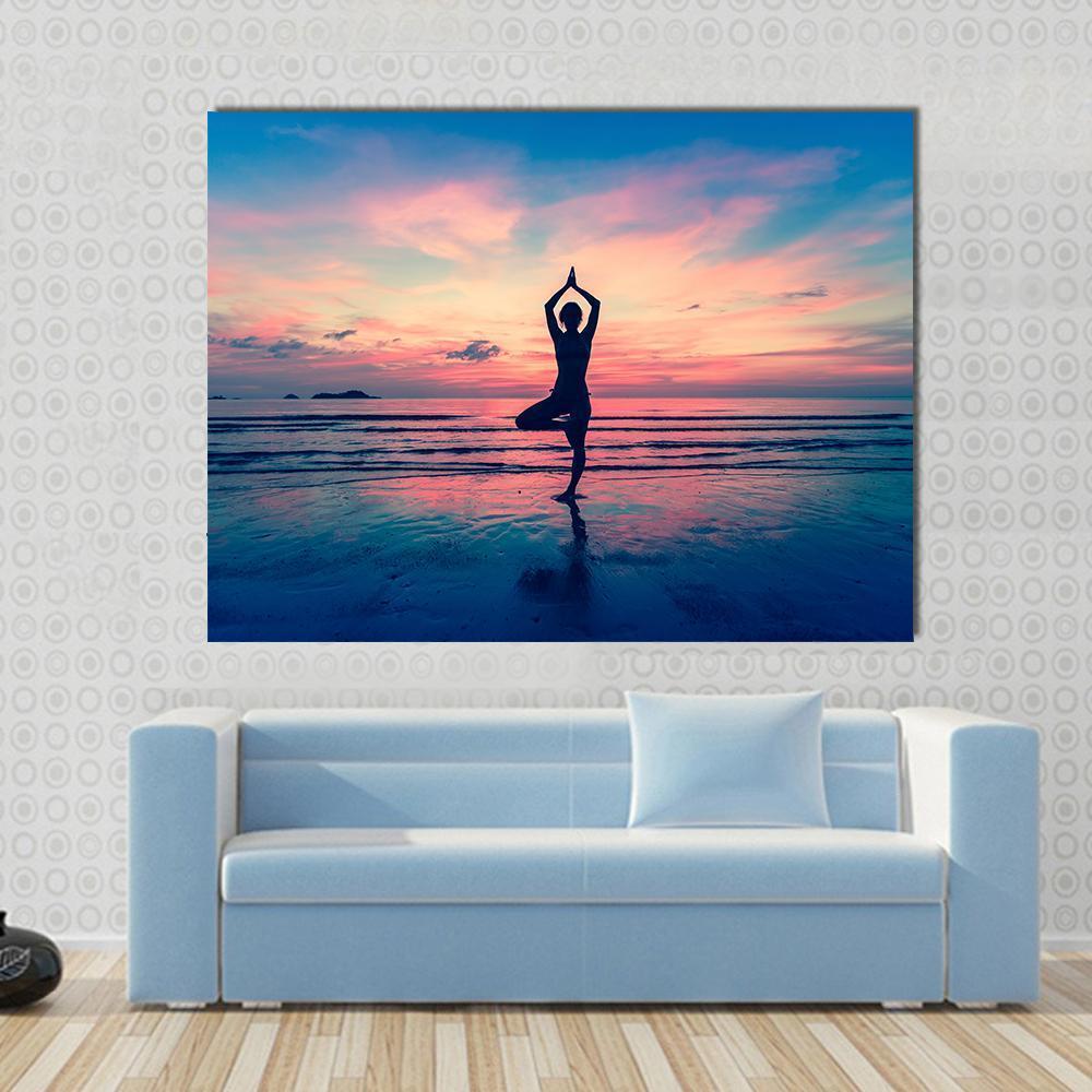 Silhouette Of Woman Standing At Yoga Pose On The Beach Canvas Wall Art-1 Piece-Gallery Wrap-48" x 32"-Tiaracle