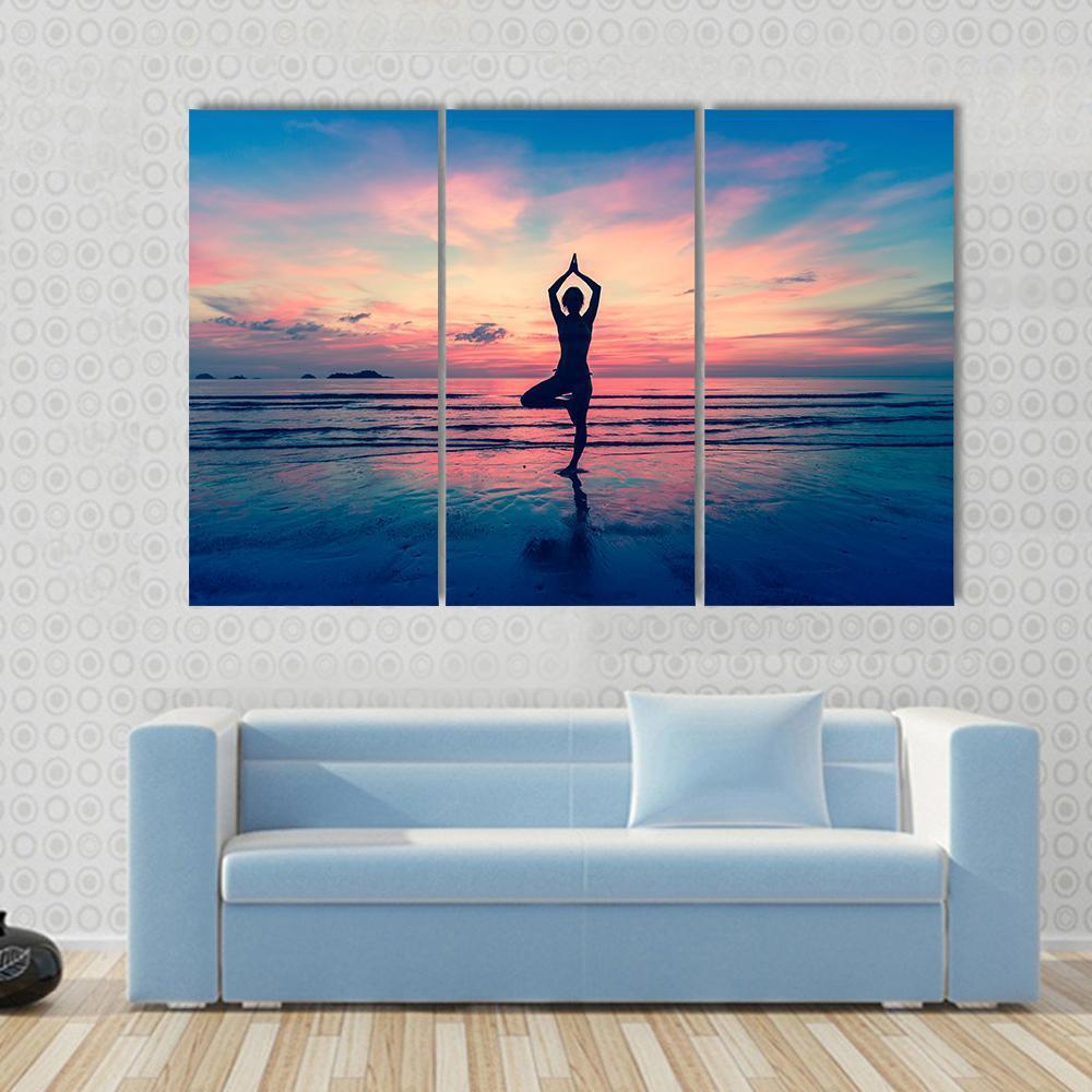 Silhouette Of Woman Standing At Yoga Pose On The Beach Canvas Wall Art-3 Horizontal-Gallery Wrap-37" x 24"-Tiaracle