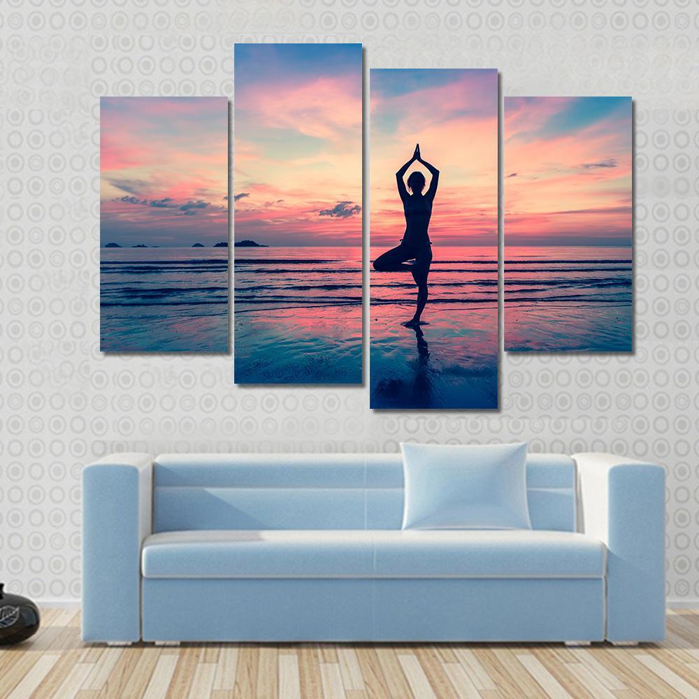 Silhouette Of Woman Standing At Yoga Pose On The Beach Canvas Wall Art-4 Pop-Gallery Wrap-50" x 32"-Tiaracle