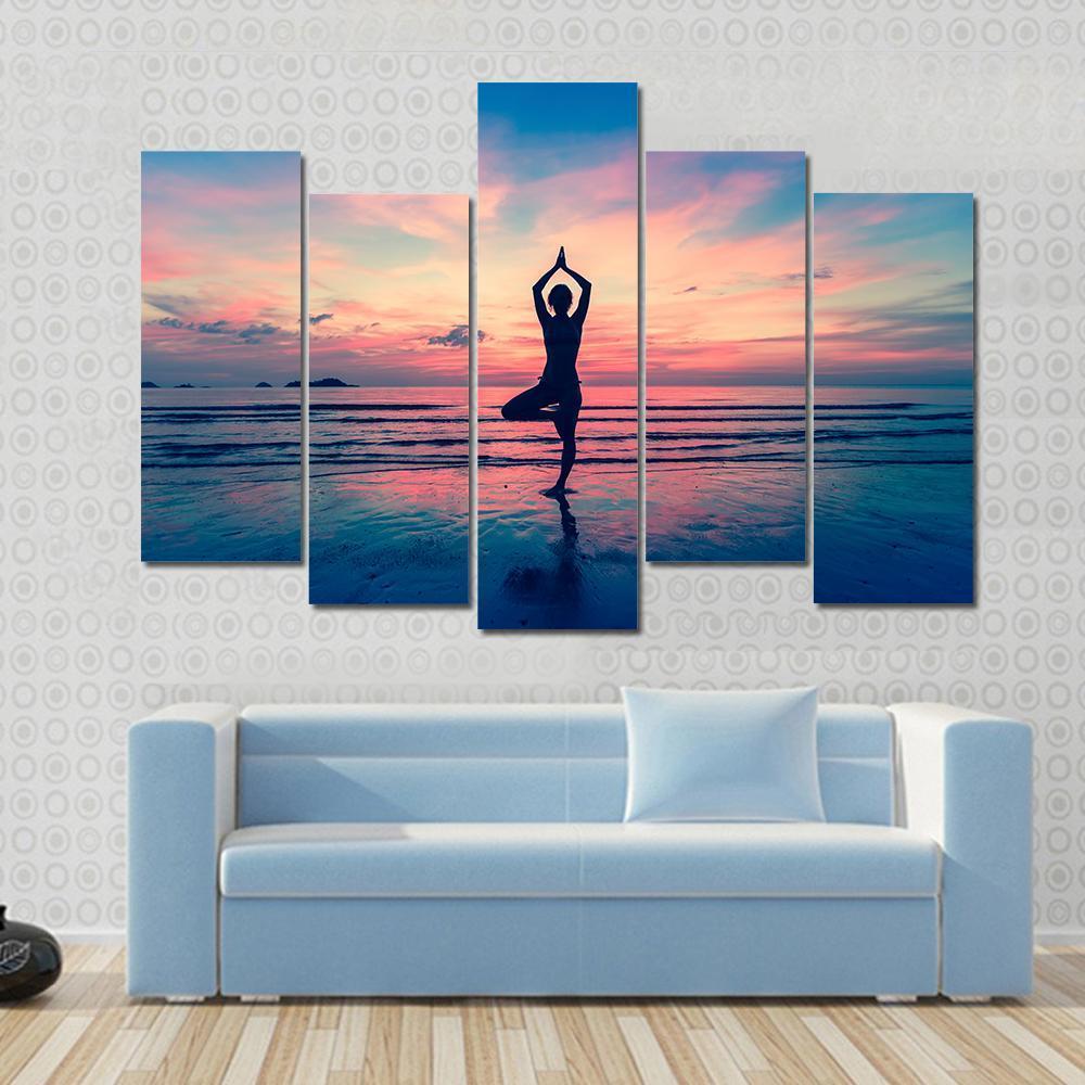 Silhouette Of Woman Standing At Yoga Pose On The Beach Canvas Wall Art-5 Pop-Gallery Wrap-47" x 32"-Tiaracle