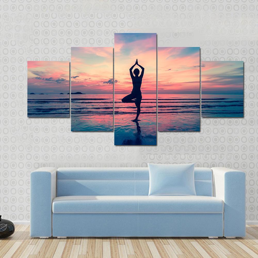 Silhouette Of Woman Standing At Yoga Pose On The Beach Canvas Wall Art-5 Star-Gallery Wrap-62" x 32"-Tiaracle