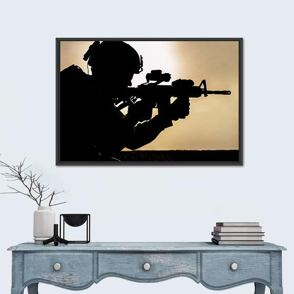 Silhouette Of Young Soldier In Military Helmet Against The Sun Canvas Wall Art-1 Piece-Floating Frame-24" x 16"-Tiaracle