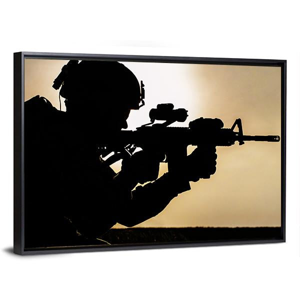 Silhouette Of Young Soldier In Military Helmet Against The Sun Canvas Wall Art-3 Horizontal-Gallery Wrap-25" x 16"-Tiaracle