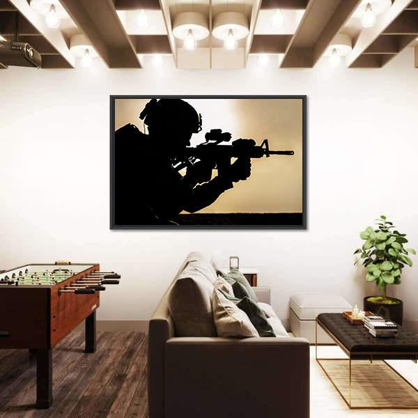 Silhouette Of Young Soldier In Military Helmet Against The Sun Canvas Wall Art-3 Horizontal-Gallery Wrap-25" x 16"-Tiaracle