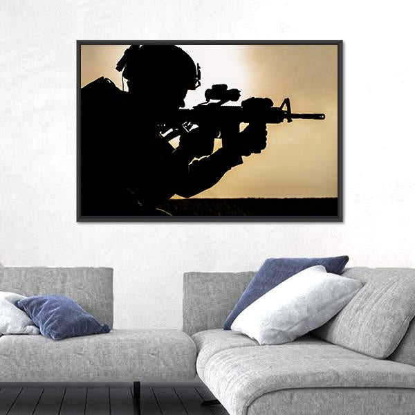 Silhouette Of Young Soldier In Military Helmet Against The Sun Canvas Wall Art-3 Horizontal-Gallery Wrap-25" x 16"-Tiaracle