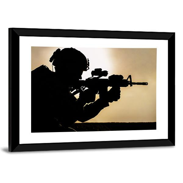 Silhouette Of Young Soldier In Military Helmet Against The Sun Canvas Wall Art-3 Horizontal-Gallery Wrap-25" x 16"-Tiaracle