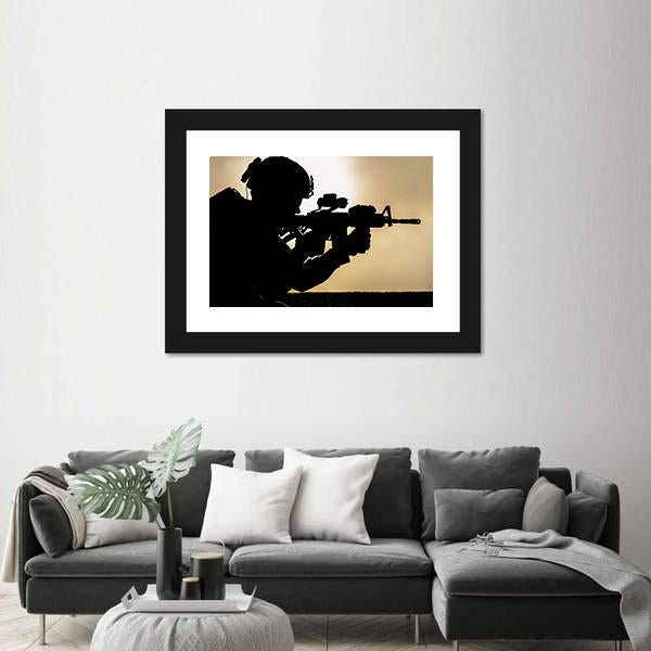 Silhouette Of Young Soldier In Military Helmet Against The Sun Canvas Wall Art-3 Horizontal-Gallery Wrap-25" x 16"-Tiaracle