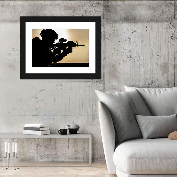 Silhouette Of Young Soldier In Military Helmet Against The Sun Canvas Wall Art-3 Horizontal-Gallery Wrap-25" x 16"-Tiaracle