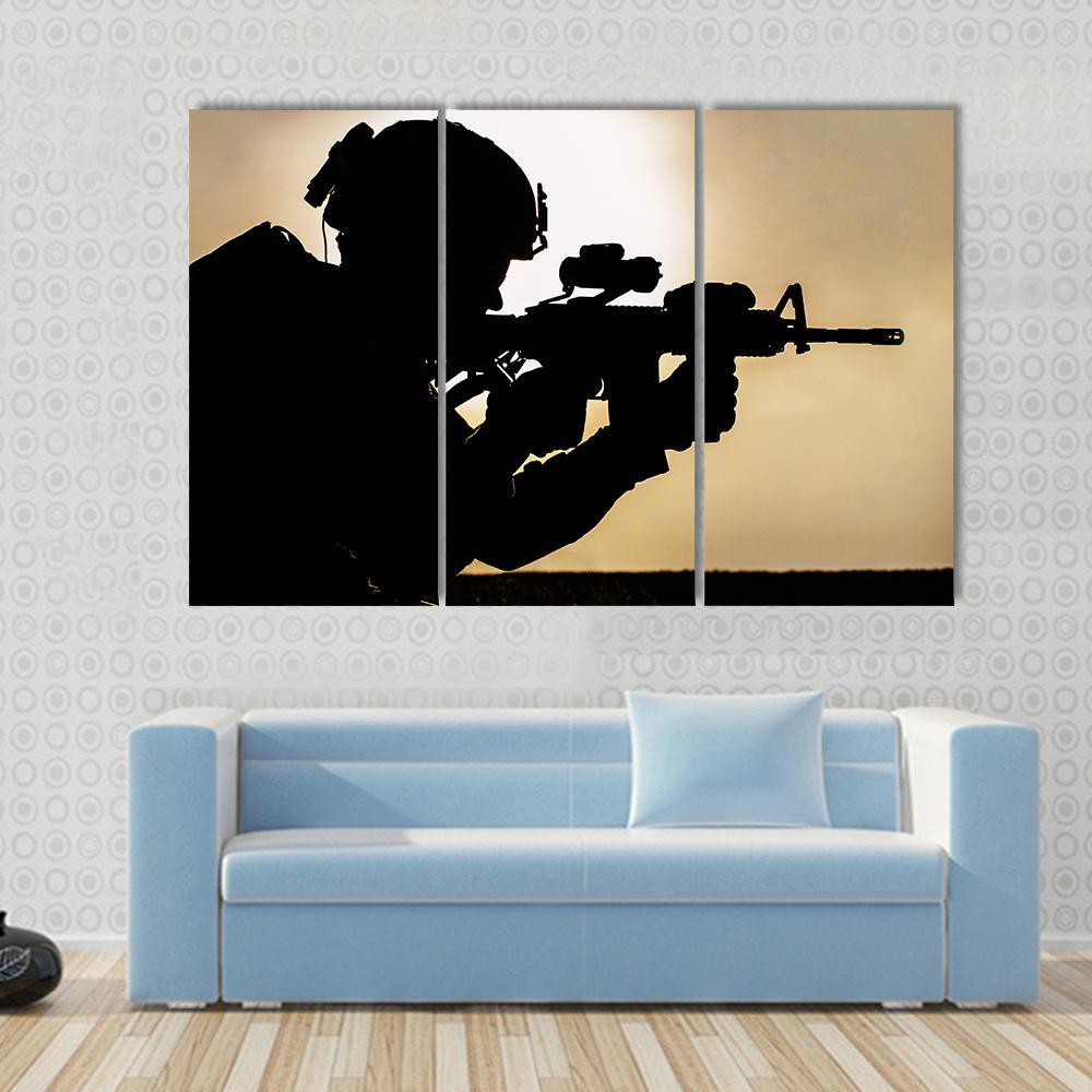 Silhouette Of Young Soldier In Military Helmet Against The Sun Canvas Wall Art-3 Horizontal-Gallery Wrap-37" x 24"-Tiaracle