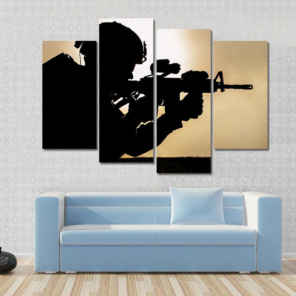 Silhouette Of Young Soldier In Military Helmet Against The Sun Canvas Wall Art-4 Pop-Gallery Wrap-50" x 32"-Tiaracle