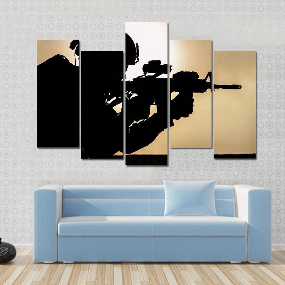 Silhouette Of Young Soldier In Military Helmet Against The Sun Canvas Wall Art-5 Pop-Gallery Wrap-47" x 32"-Tiaracle