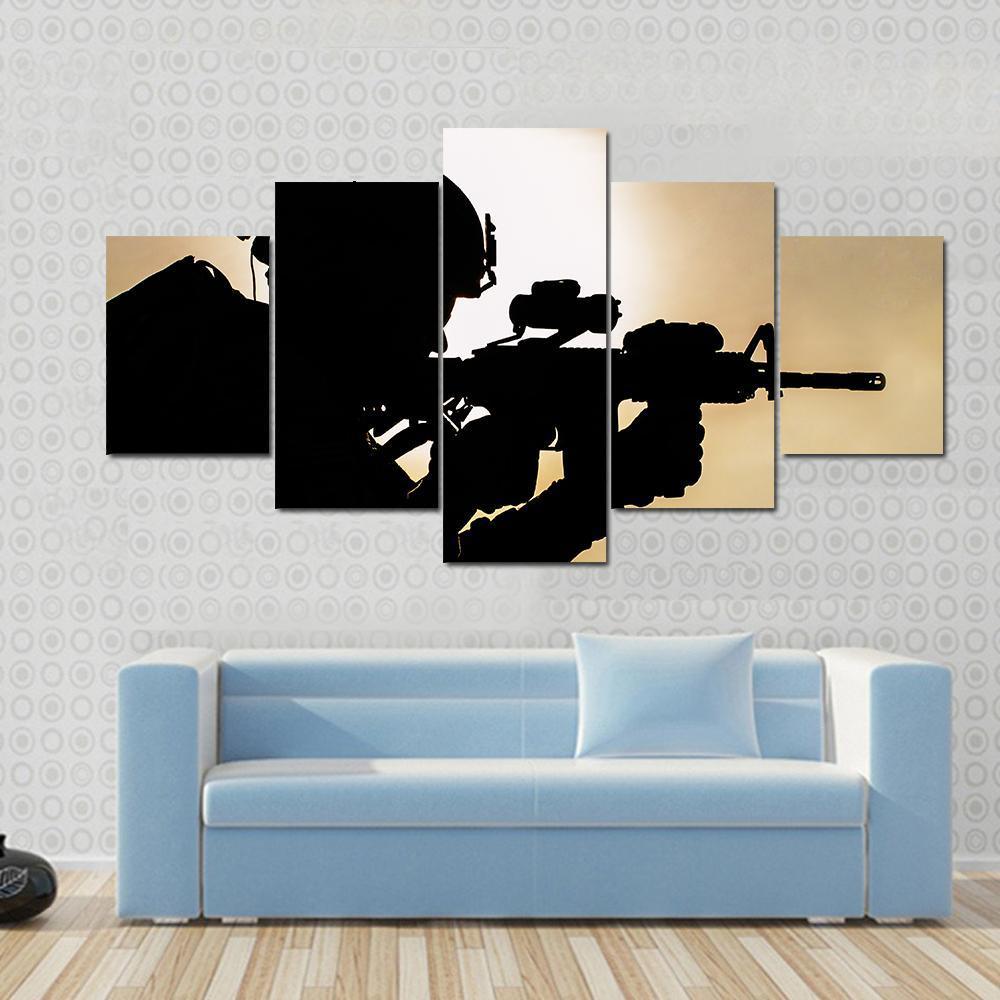 Silhouette Of Young Soldier In Military Helmet Against The Sun Canvas Wall Art-5 Star-Gallery Wrap-62" x 32"-Tiaracle