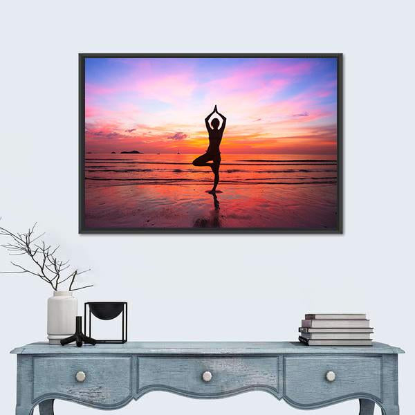 Silhouette Woman Yoga practice At The Seaside At Sunset Canvas Wall Art-1 Piece-Floating Frame-24" x 16"-Tiaracle