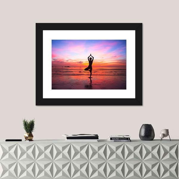 Silhouette Woman Yoga practice At The Seaside At Sunset Canvas Wall Art-1 Piece-Framed Print-20" x 16"-Tiaracle