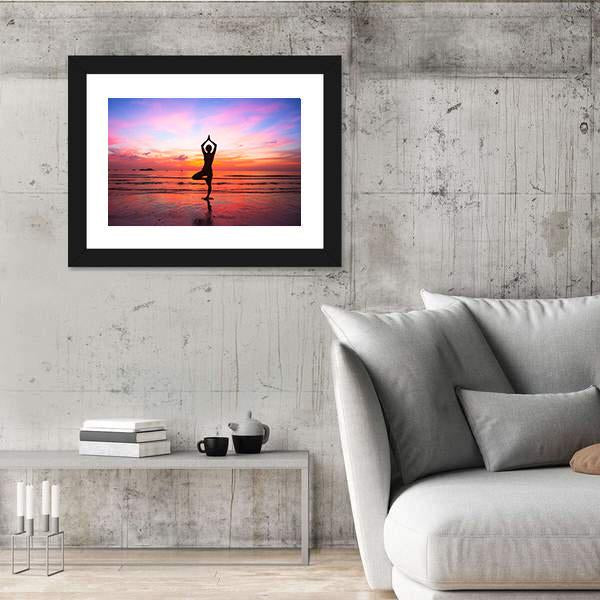 Silhouette Woman Yoga practice At The Seaside At Sunset Canvas Wall Art-3 Horizontal-Gallery Wrap-25" x 16"-Tiaracle