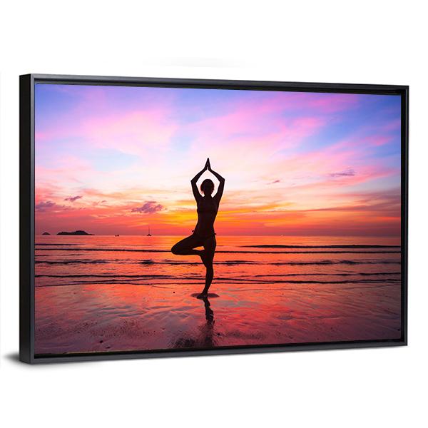 Silhouette Woman Yoga practice At The Seaside At Sunset Canvas Wall Art-3 Horizontal-Gallery Wrap-25" x 16"-Tiaracle