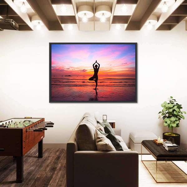 Silhouette Woman Yoga practice At The Seaside At Sunset Canvas Wall Art-3 Horizontal-Gallery Wrap-25" x 16"-Tiaracle