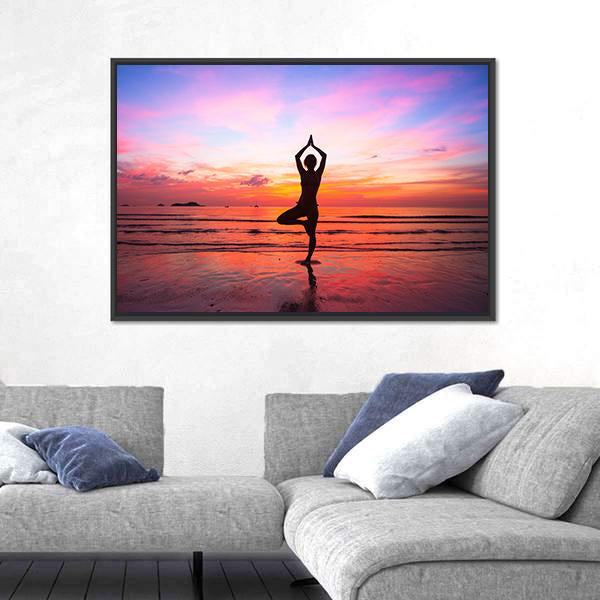 Silhouette Woman Yoga practice At The Seaside At Sunset Canvas Wall Art-3 Horizontal-Gallery Wrap-25" x 16"-Tiaracle