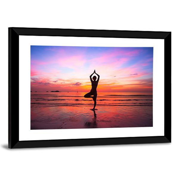 Silhouette Woman Yoga practice At The Seaside At Sunset Canvas Wall Art-3 Horizontal-Gallery Wrap-25" x 16"-Tiaracle