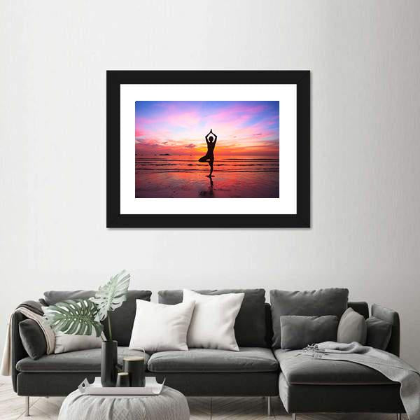 Silhouette Woman Yoga practice At The Seaside At Sunset Canvas Wall Art-3 Horizontal-Gallery Wrap-25" x 16"-Tiaracle