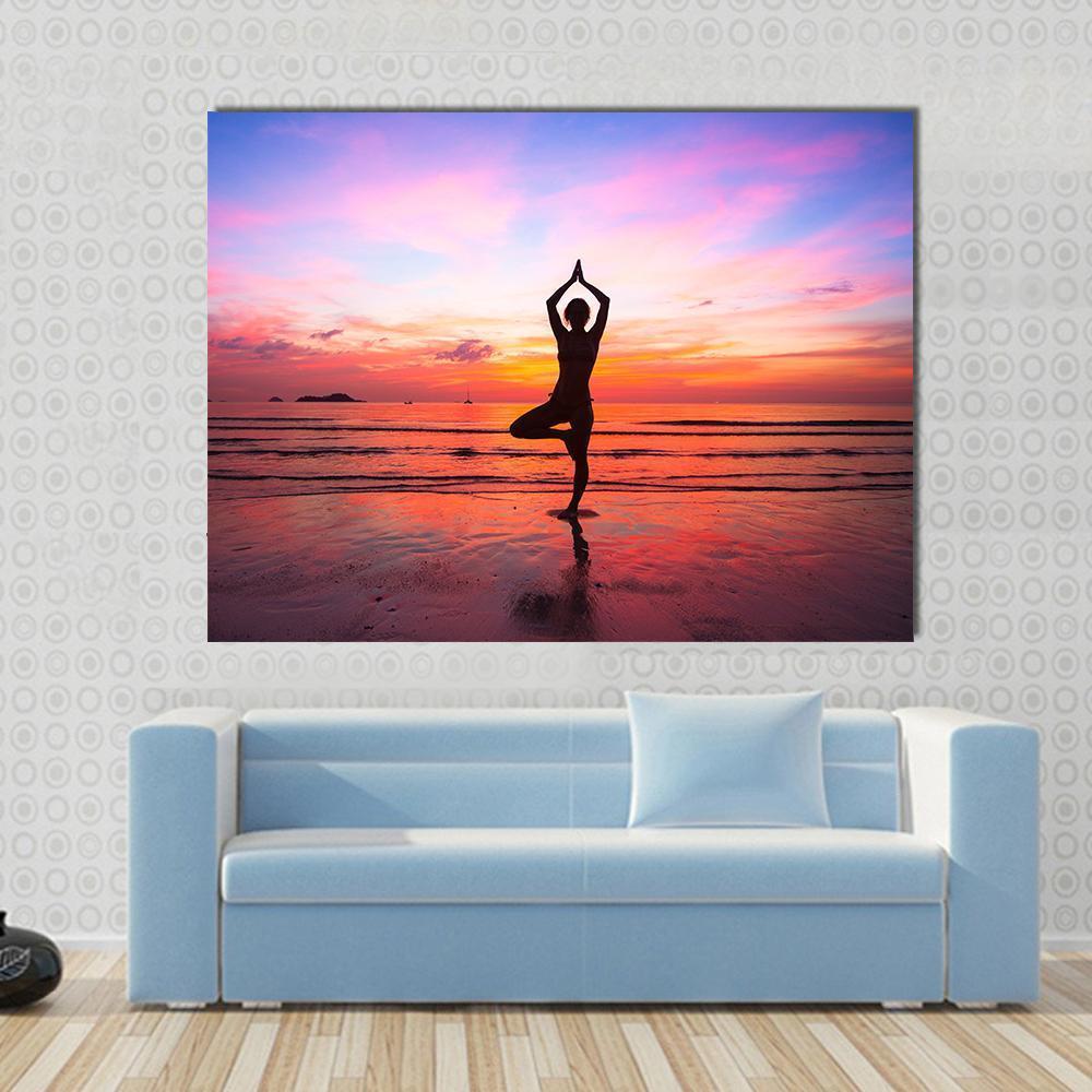 Silhouette Woman Yoga practice At The Seaside At Sunset Canvas Wall Art-1 Piece-Gallery Wrap-48" x 32"-Tiaracle