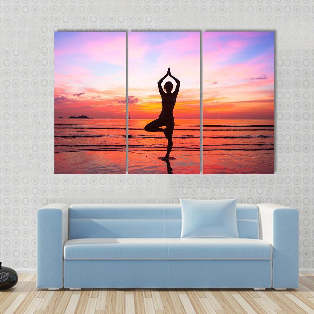 Silhouette Woman Yoga practice At The Seaside At Sunset Canvas Wall Art-3 Horizontal-Gallery Wrap-37" x 24"-Tiaracle