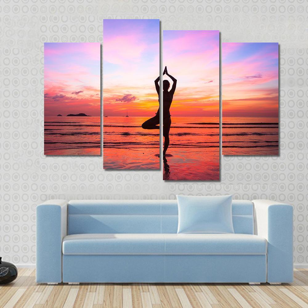 Silhouette Woman Yoga practice At The Seaside At Sunset Canvas Wall Art-4 Pop-Gallery Wrap-50" x 32"-Tiaracle