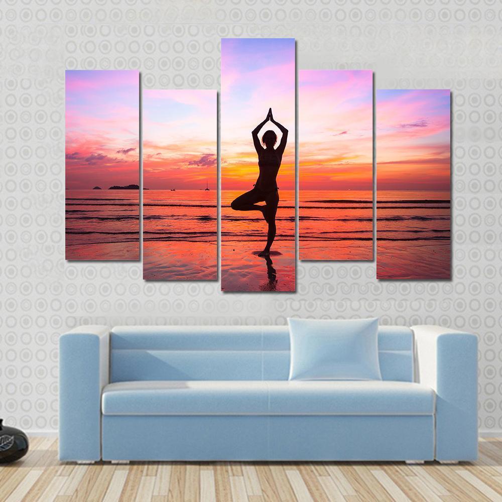 Silhouette Woman Yoga practice At The Seaside At Sunset Canvas Wall Art-5 Pop-Gallery Wrap-47" x 32"-Tiaracle