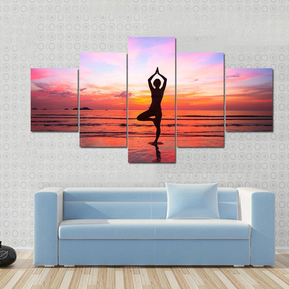 Silhouette Woman Yoga practice At The Seaside At Sunset Canvas Wall Art-5 Star-Gallery Wrap-62" x 32"-Tiaracle