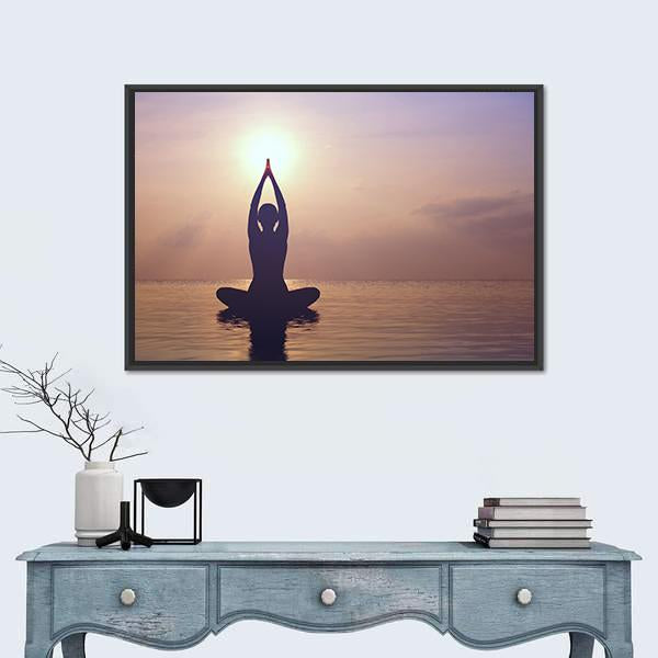 Silhouette Young Woman Practicing Yoga On The Beach At Sunset Canvas Wall Art-1 Piece-Floating Frame-24" x 16"-Tiaracle