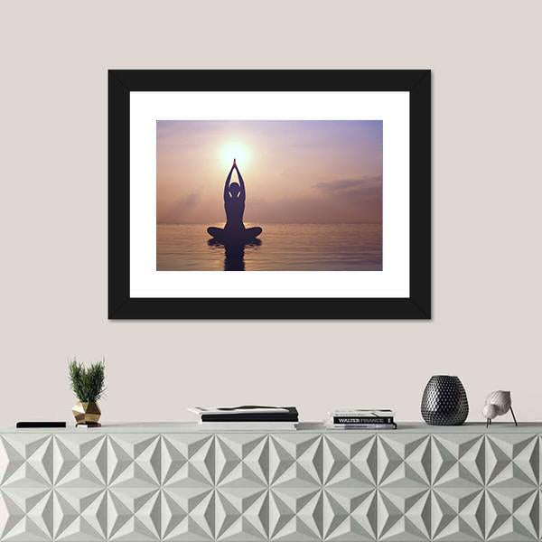 Silhouette Young Woman Practicing Yoga On The Beach At Sunset Canvas Wall Art-1 Piece-Framed Print-20" x 16"-Tiaracle