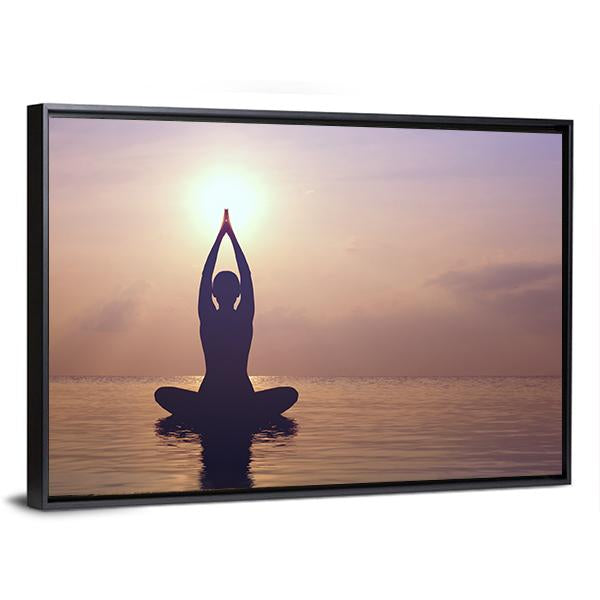 Silhouette Young Woman Practicing Yoga On The Beach At Sunset Canvas Wall Art-3 Horizontal-Gallery Wrap-25" x 16"-Tiaracle