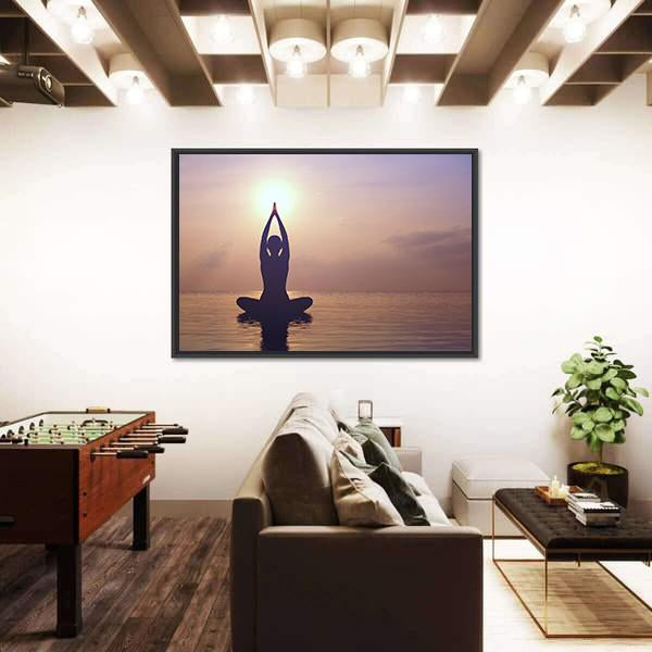 Silhouette Young Woman Practicing Yoga On The Beach At Sunset Canvas Wall Art-3 Horizontal-Gallery Wrap-25" x 16"-Tiaracle