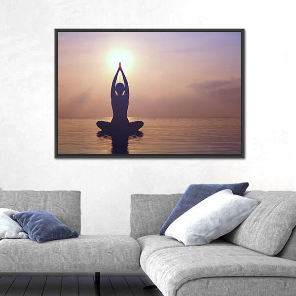 Silhouette Young Woman Practicing Yoga On The Beach At Sunset Canvas Wall Art-3 Horizontal-Gallery Wrap-25" x 16"-Tiaracle